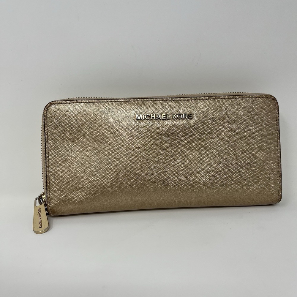 Michael Kors Continental Zip Around Wallet Gold Metallic Saffiano Leather Clutch